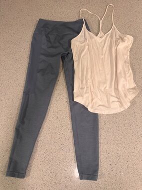 Alphalete Cream Tank Top with Slate Blue Leggings Small Medium Set
